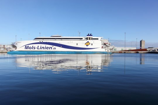 Aarhus, Denmark - January 17, 2016: Mols linien ferry at Aarhus harbor. Mols Linien is a danish company that operates ferry services between the Jutland and the island of Zealand in Denmark