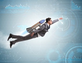 Businessman flying with rocket in funny business concept