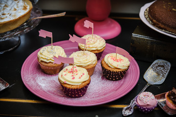 Little girl birthday party table with princess cake, macaroons, cupcakes, and sugar cookies. Candy bar for kids. Sweet holiday buffet with sweets and other desserts.