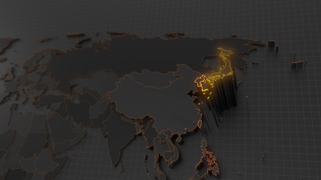 Fototapeta rised japan on world map with elevated countries. 3d illustration