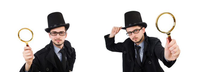 Young detective with magnifying glass isolated on white
