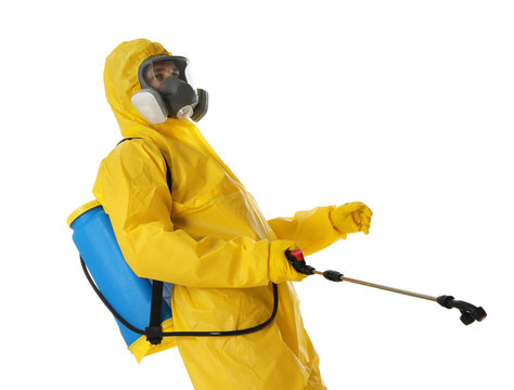 Man Wearing Protective Suit With Insecticide Sprayer On White Background. Pest Control