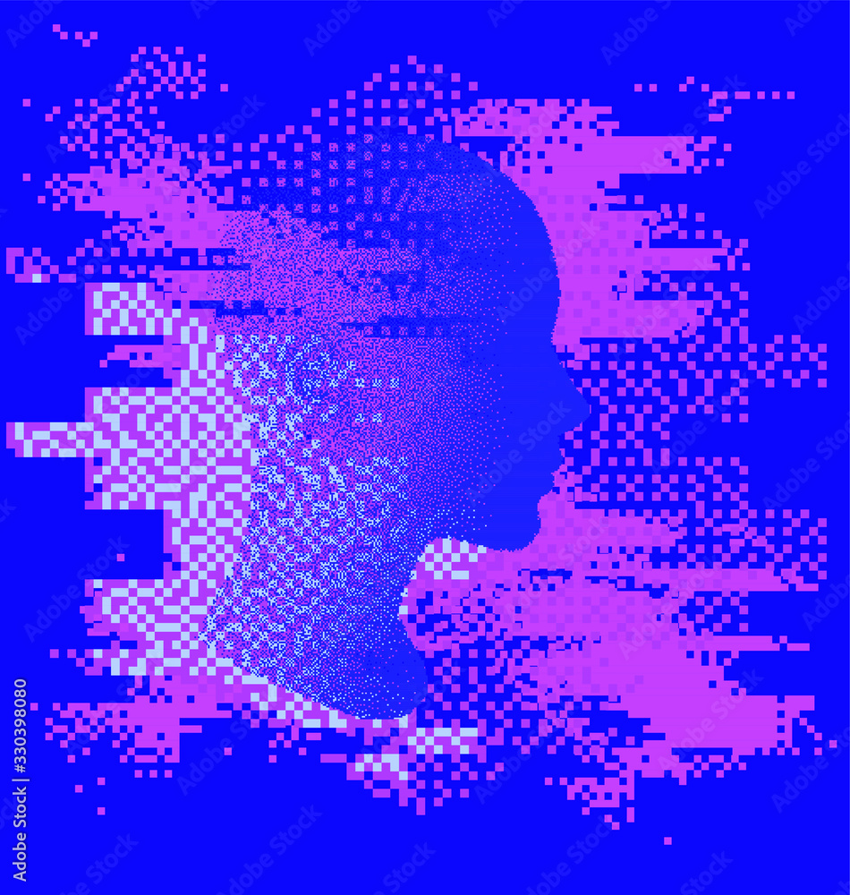 Poster human head made of particles with glitch art effect. futuristic cyberpunk style vector illustration,