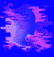 Fototapeta premium Human head made of particles with glitch art effect. Futuristic cyberpunk style vector illustration, concept of malware and computer viruses.