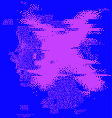 Silhouette of a glitched head profile. Conceptual minimalist illustration of Artificial intelligence or Human Psychology.