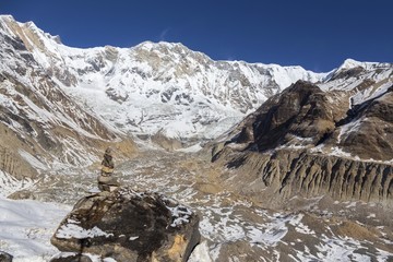 Glaciated Icefall and Annapurna Mountain Peak Landscape View from Annapurna Base Camp or Sanctuary...