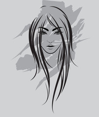 illustration of women long hair style icon, logo women on gray background, vector