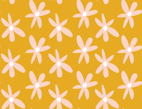 Mustard And Pastel Pink 1970's Groovy Vintage Retro Floral Daisies Seamless Vector Pattern