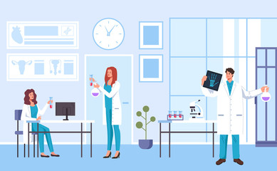 Doctors specialist scientists character working. Medical laboratory concept. Vector flat graphic design illustration