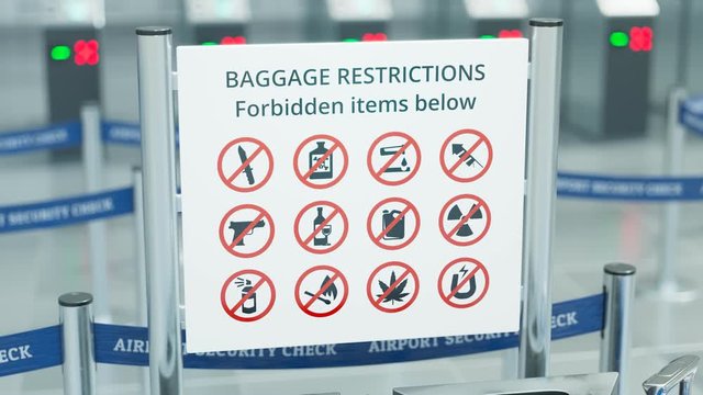 Animation focusing on "Baggage Restrictions" sign. Heading camera. Vector. 4k HD