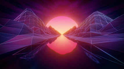 endless retro style river with bright sun 3d rendering illustration