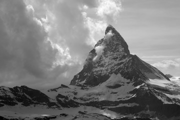 The peak of the iconic Matterhorn, shot from the Gornergrat ridge, Switzerland.