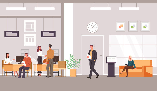 Bank office interior and client with banking specialist workers. Vector flat graphic design cartoon illustration