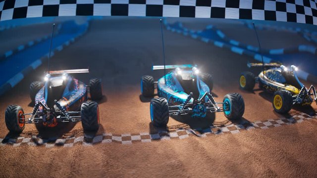 Three RC-cars standing on a start line, ready for a night toy race. 4KHD