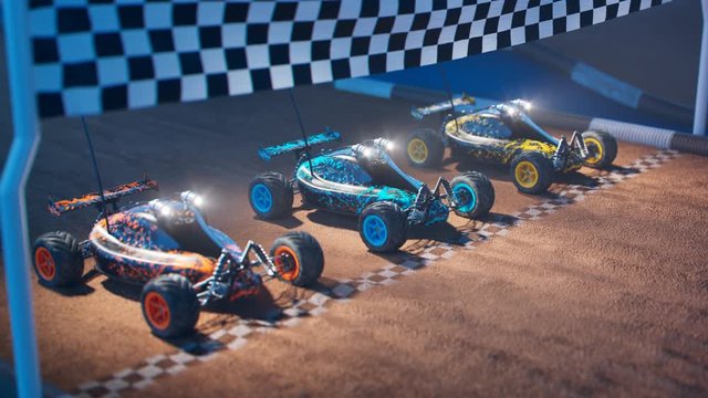 Three RC-cars standing on a start line, ready for a night toy race. 4KHD