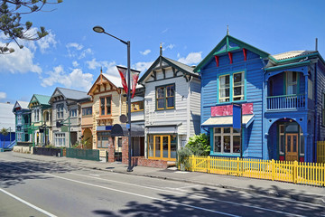 A Famous Group of Similar Houses Known as Six Sisters on Marine Parade in Napier, New Zealand                        - obrazy, fototapety, plakaty