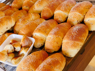 Bakery with rolls displayed