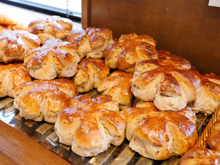 Bakery scene with sweets bread displayed