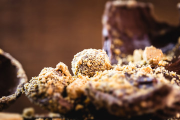 details of chocolate with peanuts, Brazilian and homemade Easter egg, focal point in macro image.
