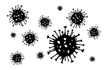 Coronavirus black vector background. 2019-nCoV bacteria isolated on white. COVID-19 Wuhan corona virus disease sign. SARS pandemic concept symbol. China. Human health medical.