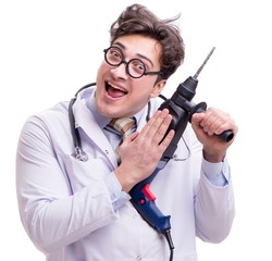 Funny doctor with drill isolated on white