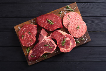 Variety of raw beef meat steak