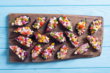 Traditional  Peruvian food background with mussels