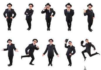 Funny gentleman in striped suit isolated on white