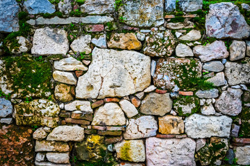 Ancient old vintage wall made of natural rocks with plants between blocks. Wall of bricks overgrown with plants