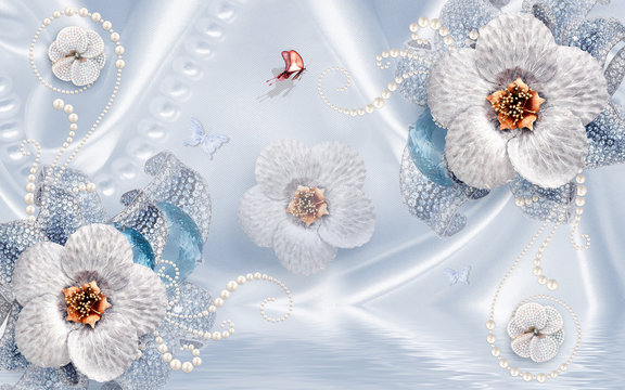 3d wallpaper with white flowers on blue background © hussien