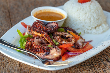 Fried octopus tentacles with white rice on a plate, close up