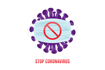 Coronavirus with stop sign and medical surgical mask for the face. Flu spreading of the world. Floating flu virus and cancer cells on white background. Flat vector illustration EPS10