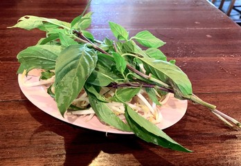 Mix fresh vegetables in plastic plate side dish of Thai traditional boat noodles. Local street food in Thailand