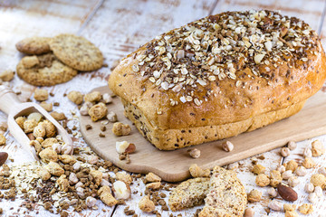 homemade loaf bread. Bread with Brazil nuts, walnuts, flaxseed, oats, chickpeas and soy. Vegan bread and healthy life concept.