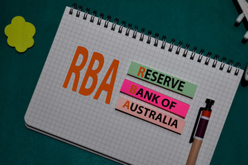 RBA - Reserve Bank of Australia acronym write on a sticky note isolated on Office Desk.