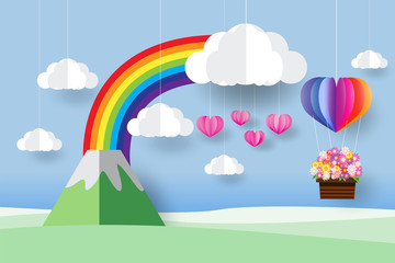 Colorful air balloon in the sky,  paper art style