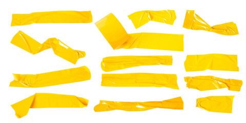 Set of yellow tapes on white background. Torn horizontal and different size yellow sticky tape,...
