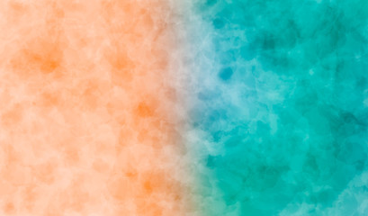 Turquoise blue and coral beach watercolor background with painted mabled texture  in orange and green tones Colorful  textured backdrop with paint brush strokes on paper 
