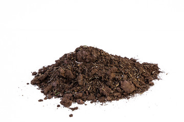black earth on white background. natural soil texture. Pile heap of soil humus isolated on white background