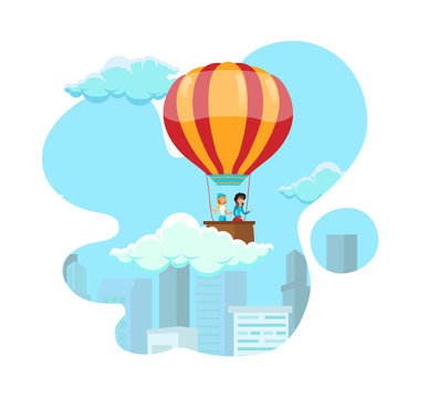 Balloon Travel, Air Tourism Vector Illustration. Girls in Casual Clothes Cartoon Characters. Friends on Vacation. Outdoor Leisure, Activities, Recreation. Women Ballooning Trip. Sky Ride © Mykola