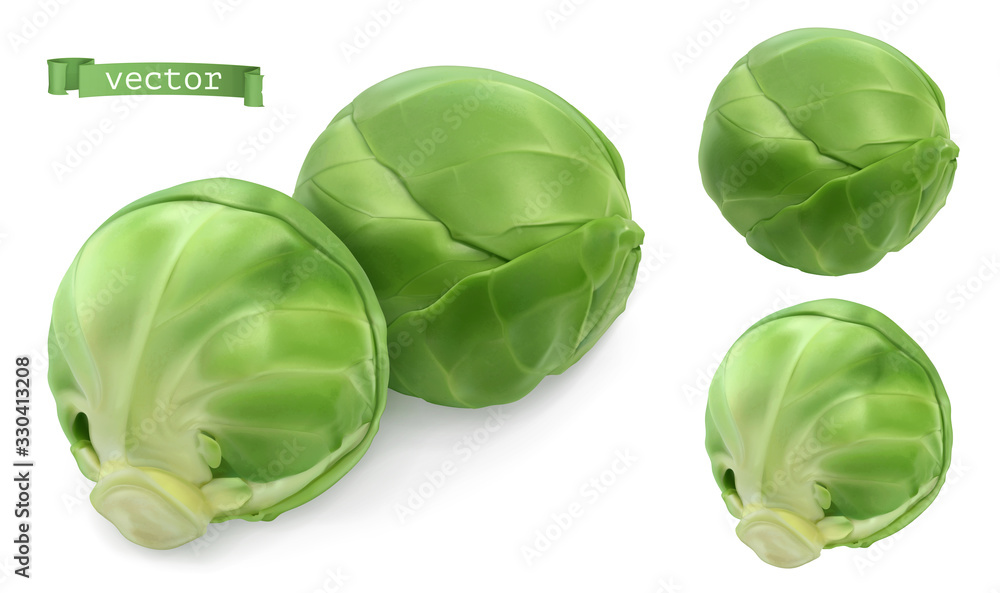 Wall mural brussels sprout, cabbage. leaf vegetables 3d realistic vector objects. food illustration