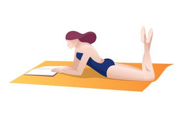 Woman in Swimsuit Lying on Beach Blanket and Reading Book. Girl Sunbathing on Towel and Resting on Seaside. Education and Entertainment on Resort. Flat Cartoon. Vector Summer Vacation Illustration