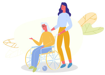 Fototapeta na wymiar Young Woman Driving Older Woman With Gray Hair in Wheelchair. People Walk in Park. Vector Illustration. Care Intimate Woman. Women Spends Time Together. Woman Carries Mom Disabled. Family Situation.