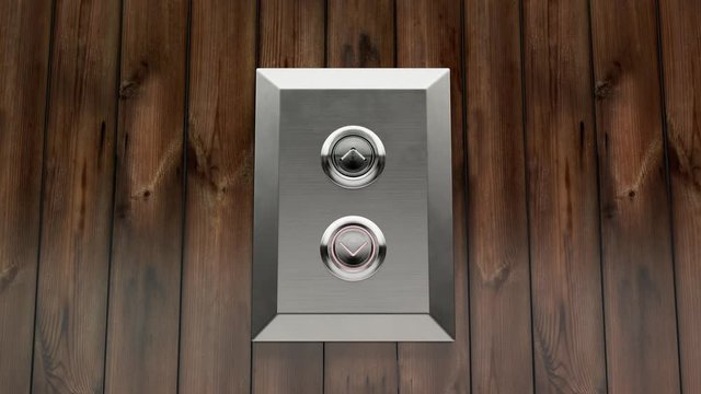 Chrome elevator up-down buttons on a vintage wooden wall in the office. 4KHD