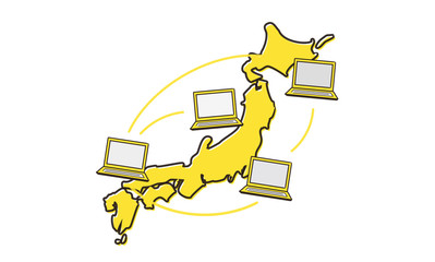 日本地図とテレワークの手書きイメージ