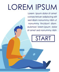 Faceless Cartoon Male Office Worker, Programmer, Designer or Business Analytic Character Typing on Laptop. Text Banner Advertising Remote Job, Freelancers Staff Recruitment. Vector Flat Illustration