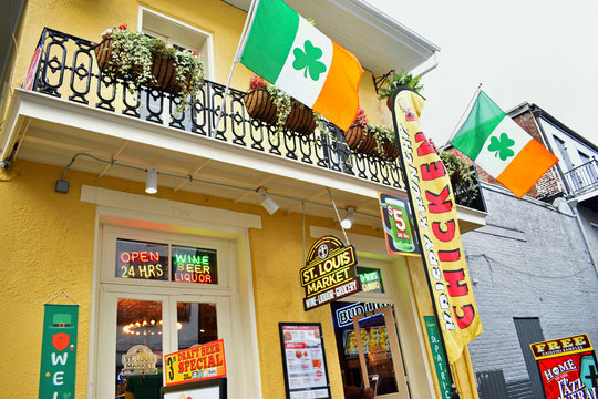 New Orleans, Louisiana USA, March 12, 2020, places decorated for St. Patricks Day in the French Quarter.