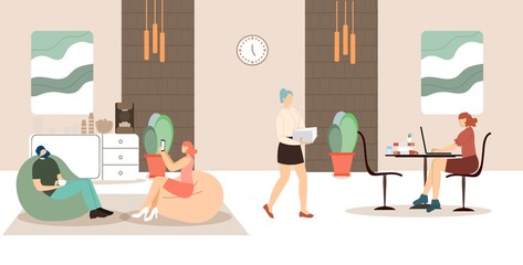 Obraz premium Informative Flyer Break in Office Cartoon Flat. Employees are Competent to Solve Problem or Questions. Man and Woman are Sitting in Frameless Armchairs and Talking. Vector Illustration.