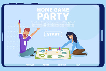 Informative Poster Lettering Home Game Party. Evening Leisure Homestay. Cheerful Couple in Love Sitting on Floor and Playing an Economic Board Game. Vector Illustration Landing Page.