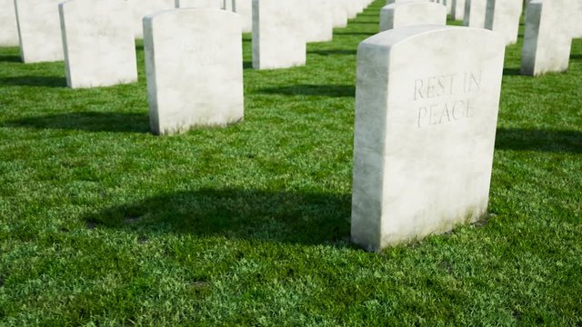 Endless animation of the graveyard. Marble tombstones one by one. Side view 4kHD